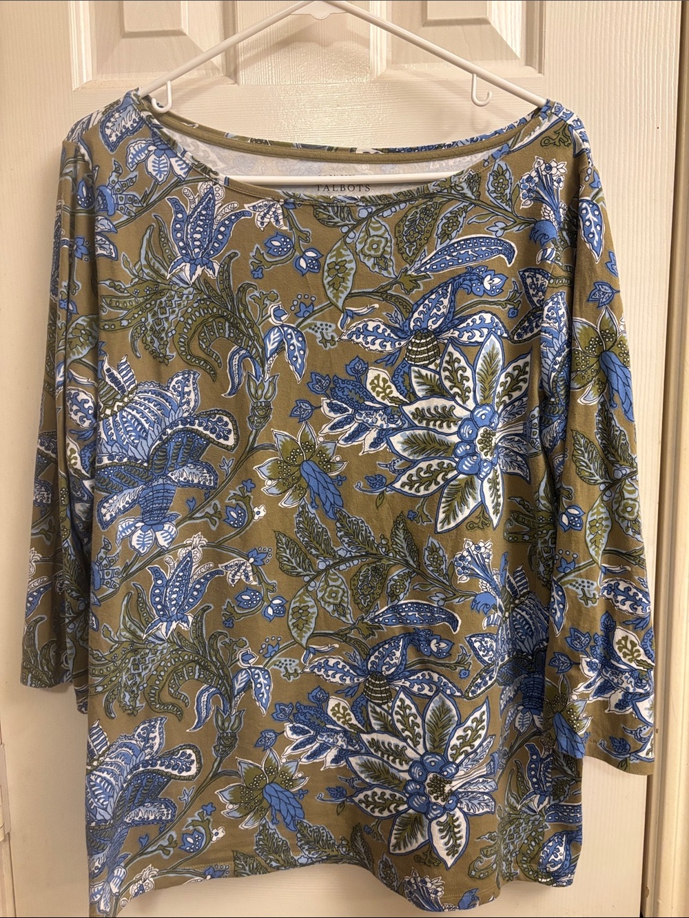Talbots Olive and Blue Floral Long Sleeve Top